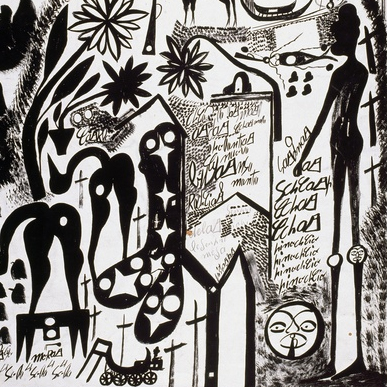 Carlo Zinelli, Cavallo stellato bruno su ruote con testa verde e artigli (détail), 14 septembre 1968. LaM, Villeneuve d’Ascq. © Fondazione Culturale Carlo Zinelli, 2019. Photo : P. Bernard