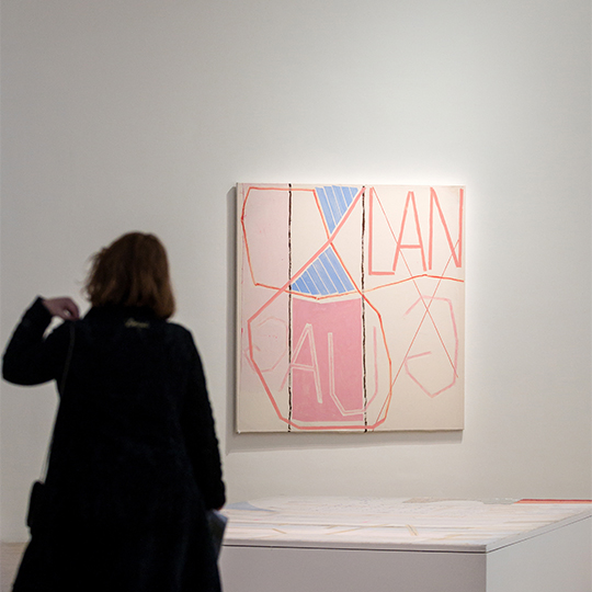 Visiteur dans une salle d'exposition devant une toile.