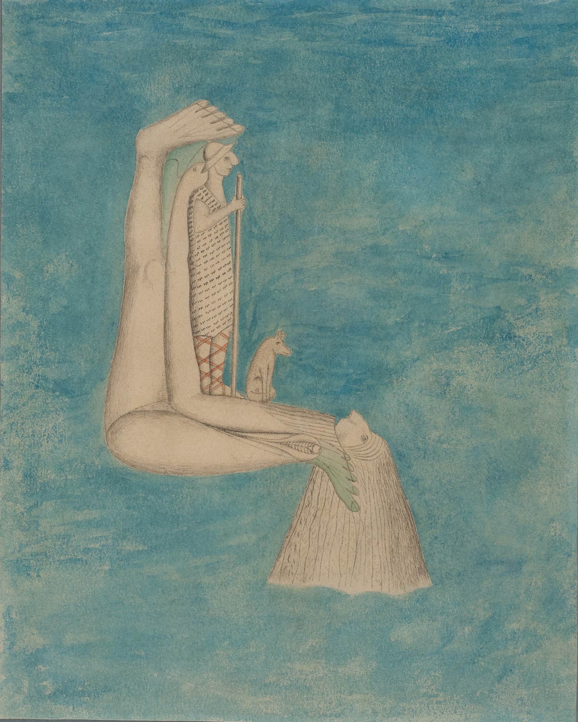 Natterer, dessin représentant des formes humaines et des animaux sur un fond bleu.