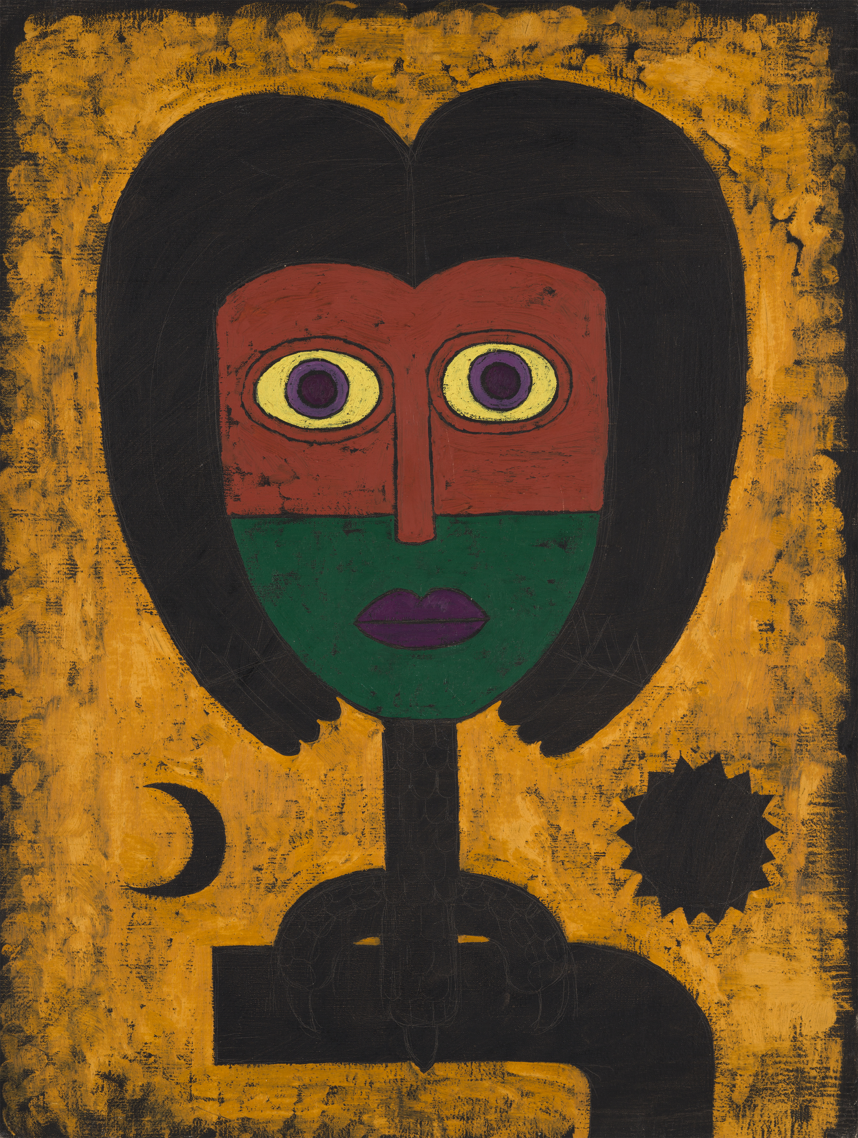 Brauner, dessin d'un visage bicolor sur un fond jaune.