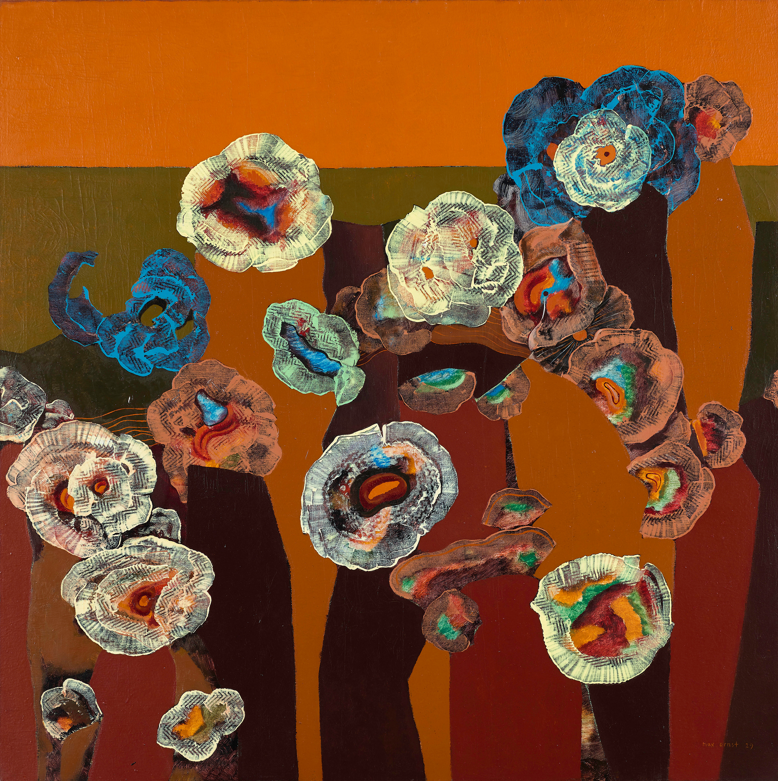 Ernst, œuvre de couleurs chaudes, entremêlant différentes formes.