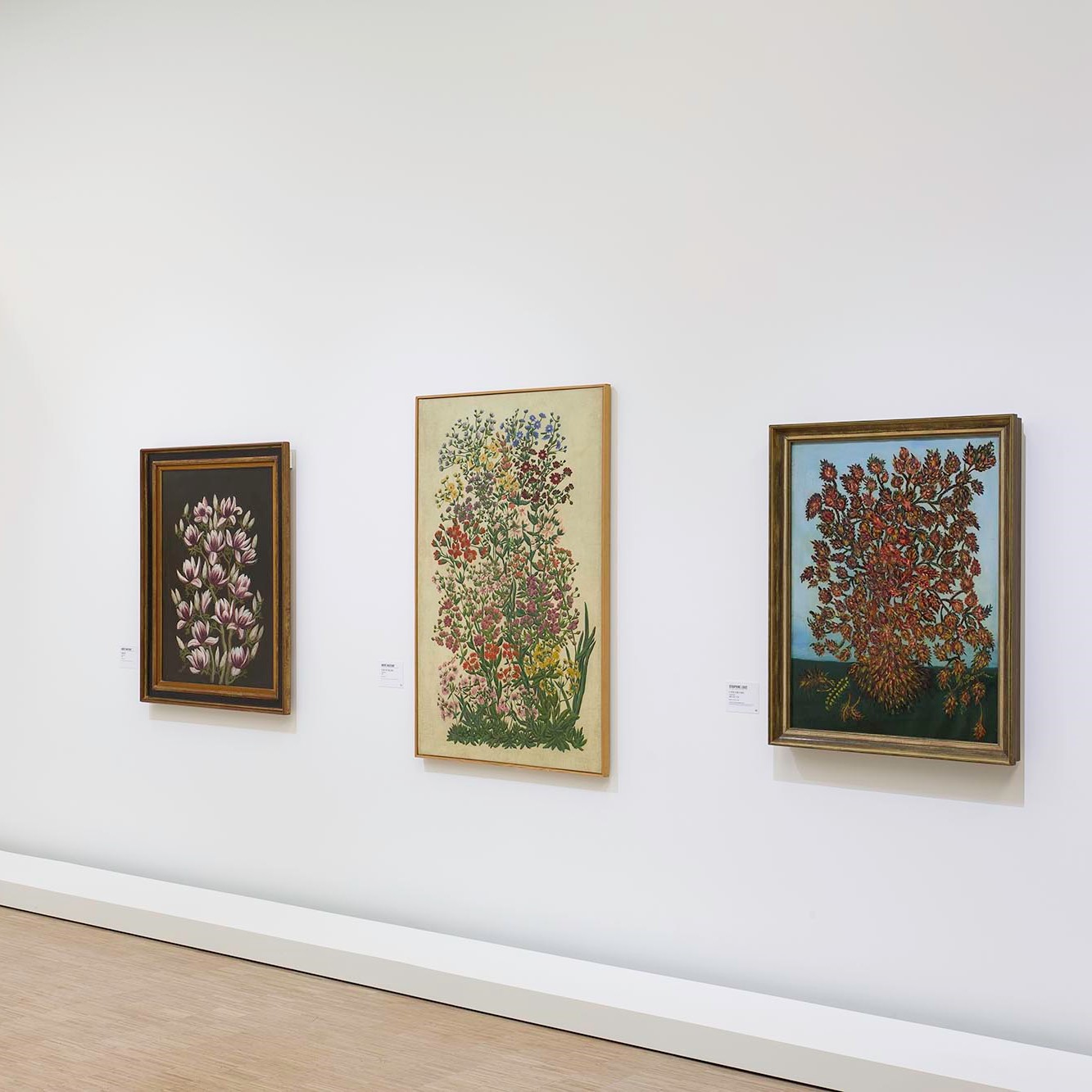 Trois tableaux florales dans salle d'exposition.