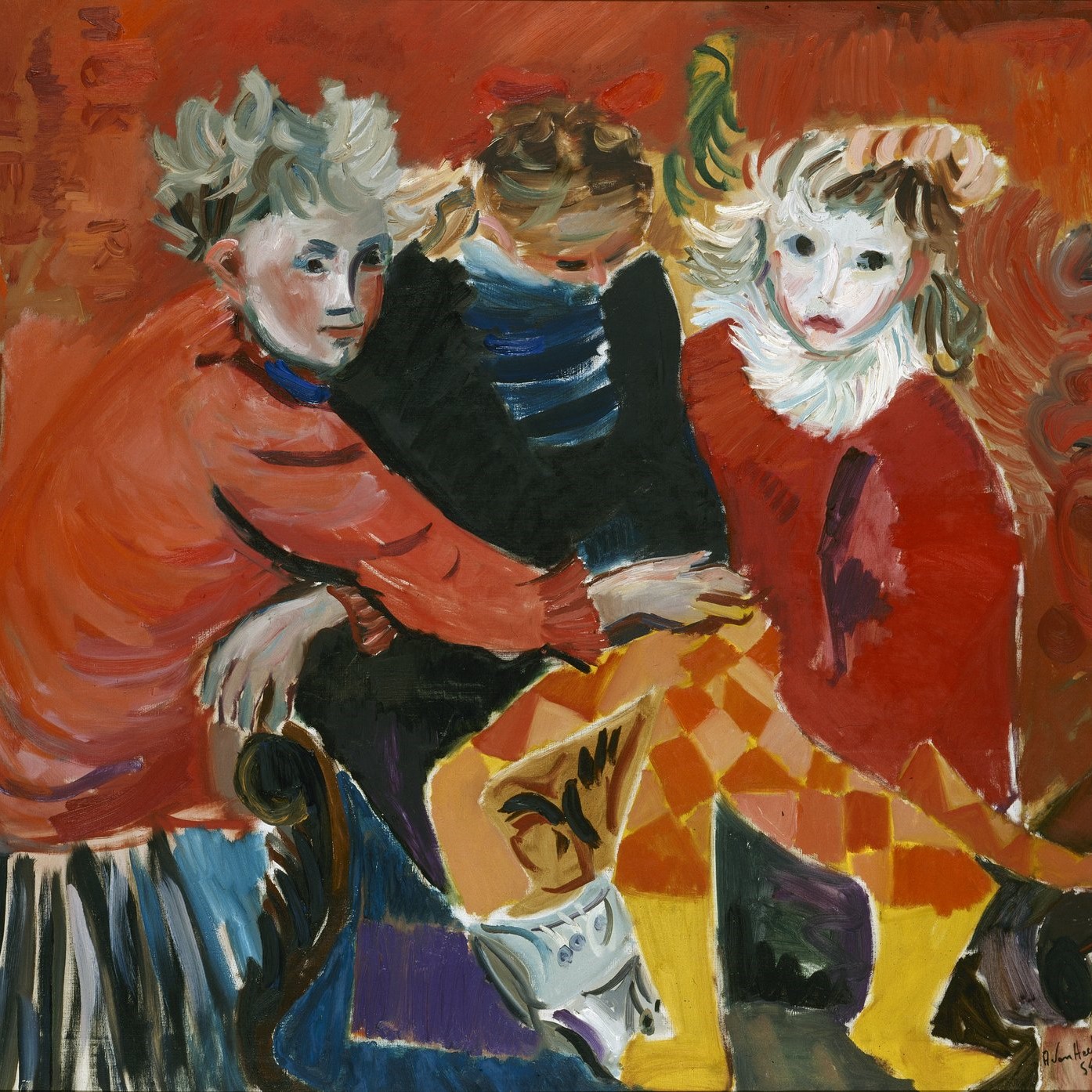 Tableau coloré représentant trois enfants déguisés sur fond rouge.