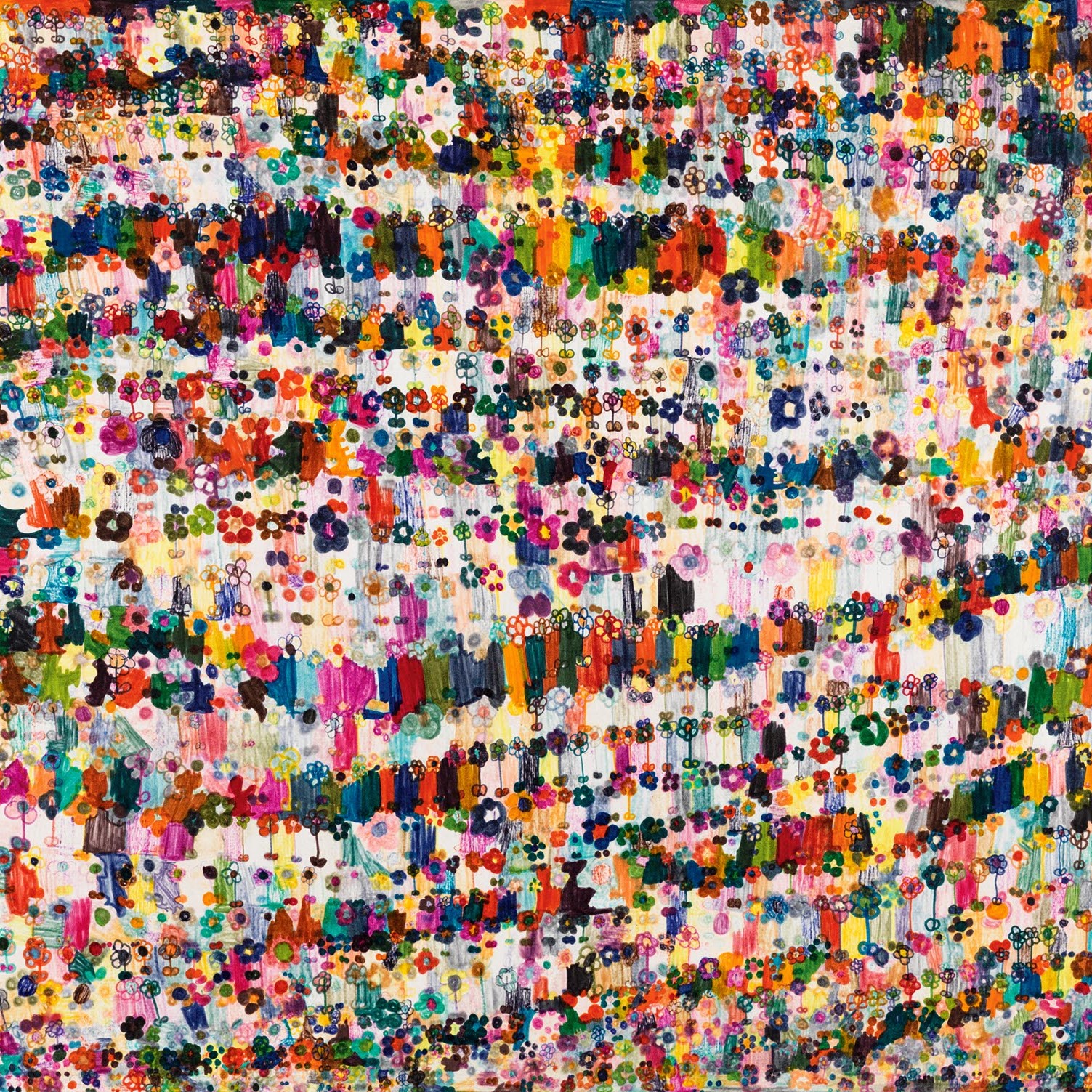 Dessin coloré représentant une accumulation de fleurs.