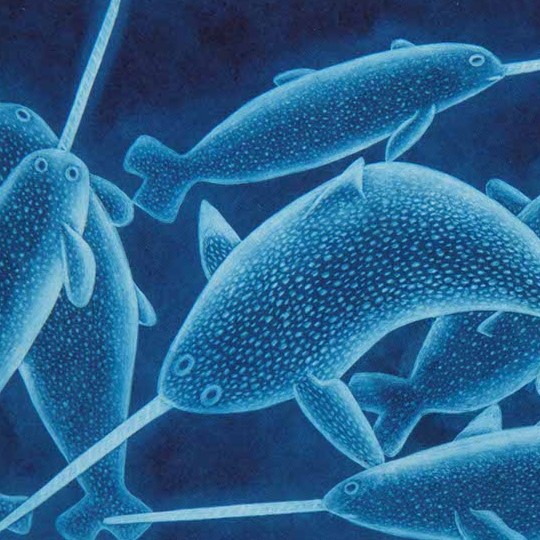 Œuvre bleu représentant des animaux marins.