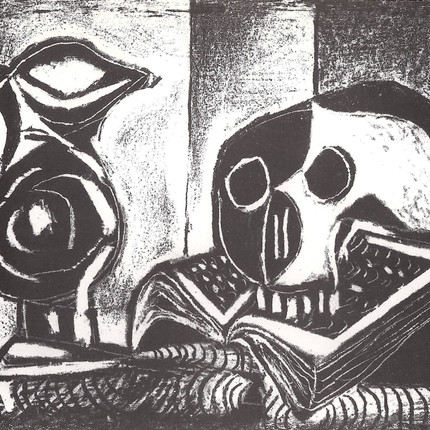 Dessin en noir et blanc représentant une carafe, un crâne et un livre.