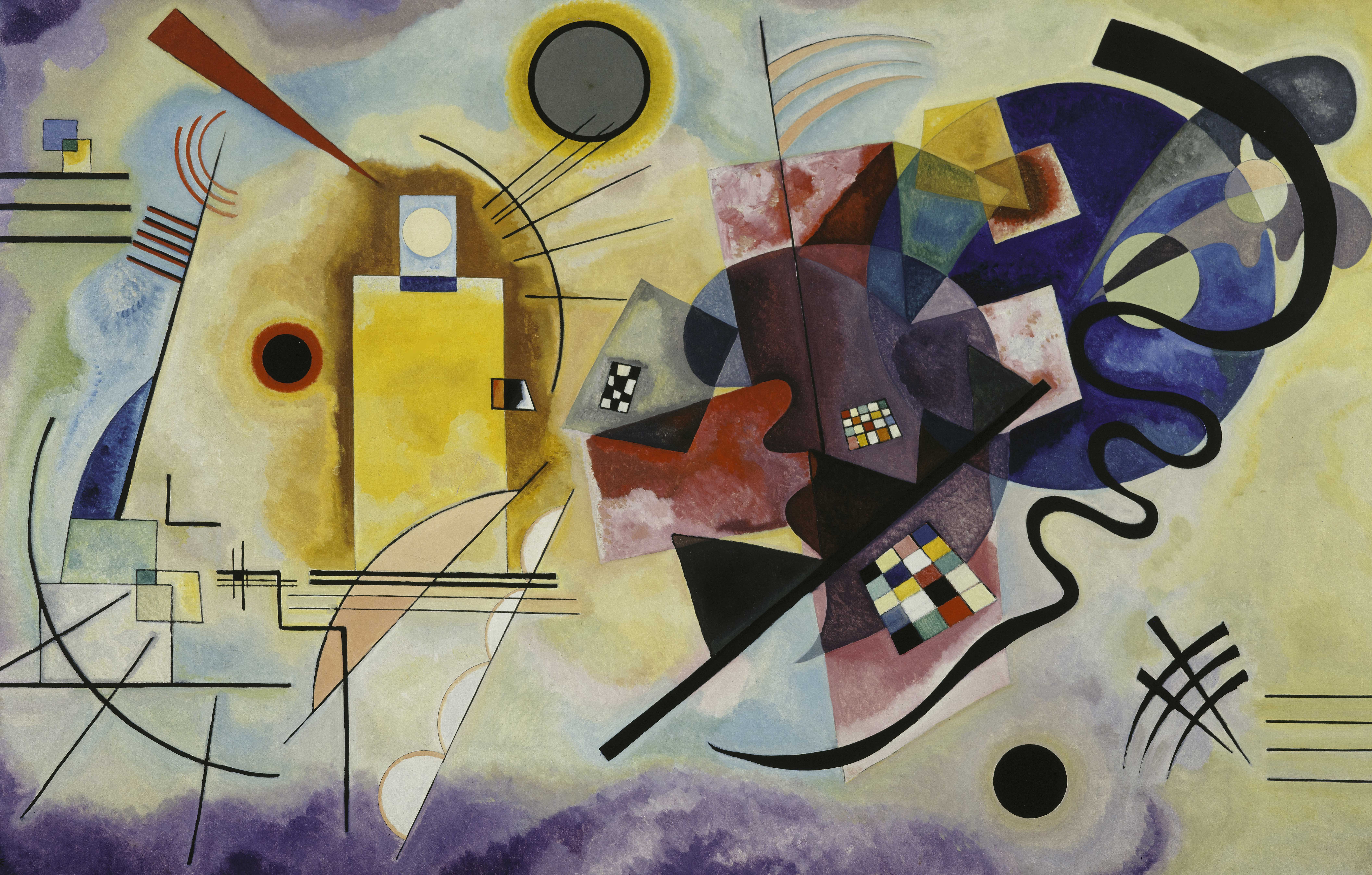 Vassily Kandinsky, Gelb-Rot-Blau, (Jaune-rouge-bleu), Huile sur toile, 128 x 201,5 cm, 1925. Donation de Mme Nina Kandinsky en 1976. Collection Centre Pompidou, Paris Musée national d’art moderne - Centre de création industrielle. Crédit photo : Centre Pompidou, MNAM-CCI/Adam Rzepka/Dist. GrandPalaisRmn.