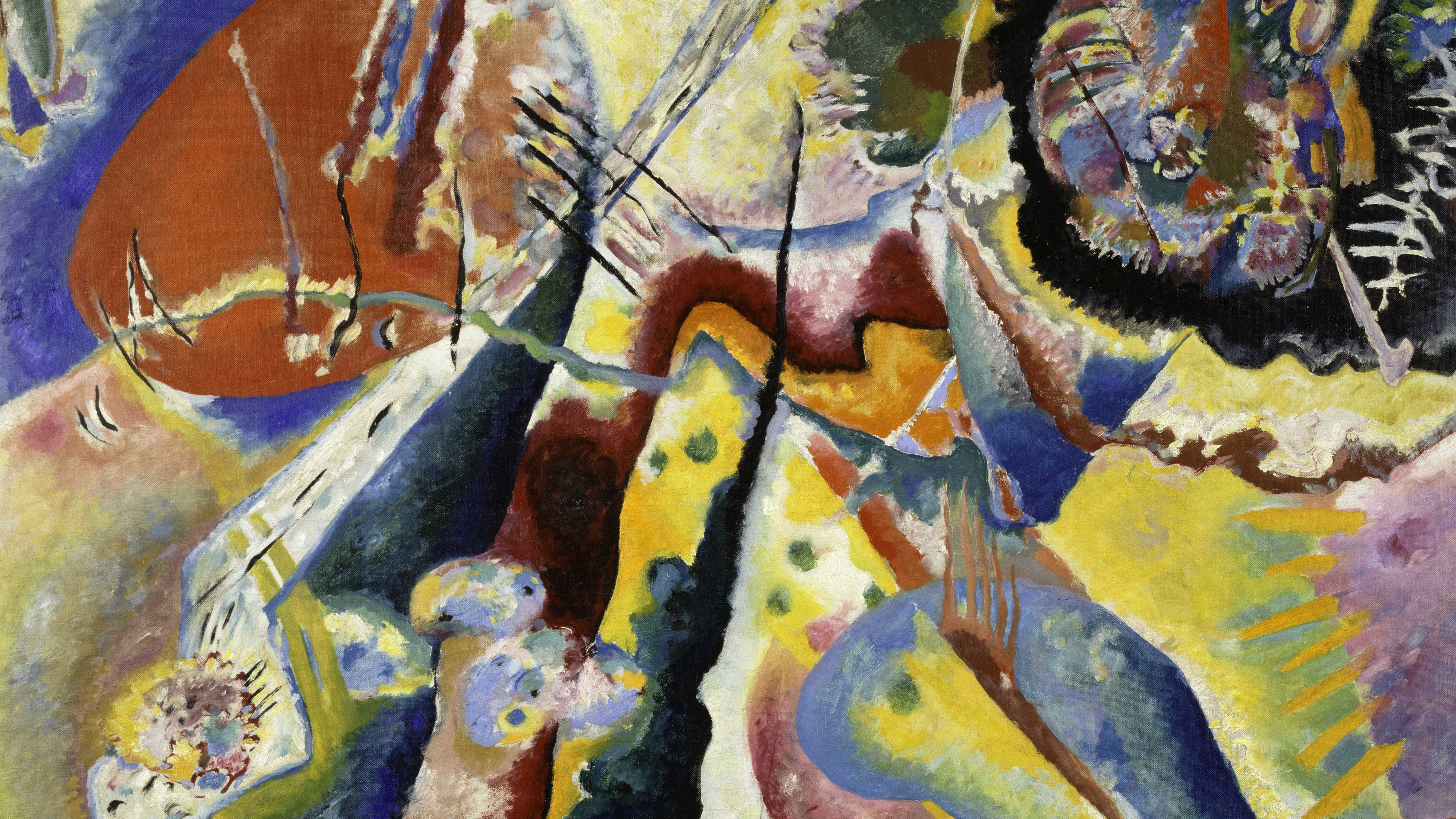 Vassily Kandinsky, "Bild mit rotem Fleck (Tableau à la tache rouge)", 25 février 1914,  Huile sur toile, 130 x 130 cm. Donation de Mme Nina Kandinsky en 1976. Collection Centre Pompidou. Centre Pompidou. ©MNAM-CCI/Adam Rzepka/Dist. GrandPalaisRmn