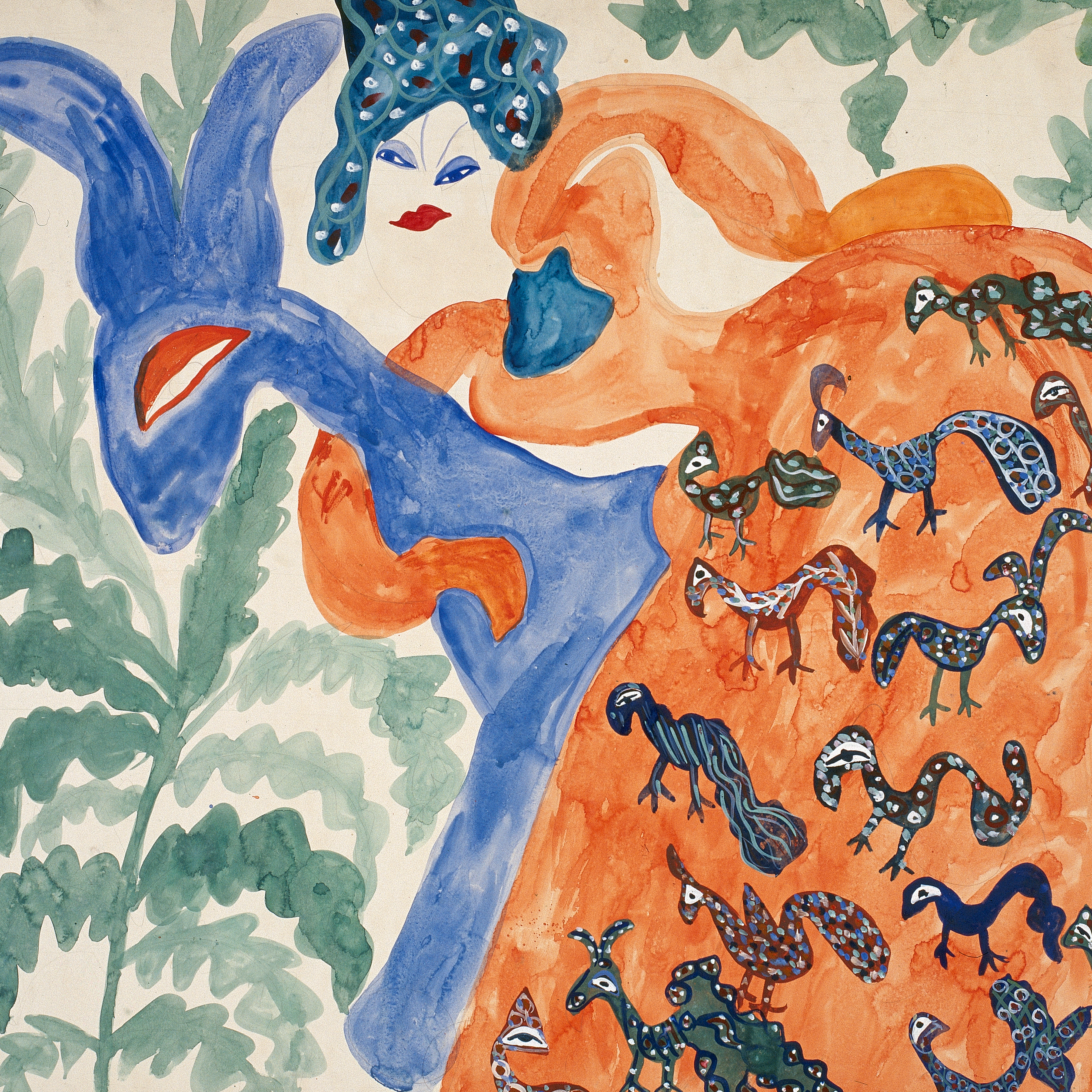 Baya, Femme en robe orange et cheval bleu
