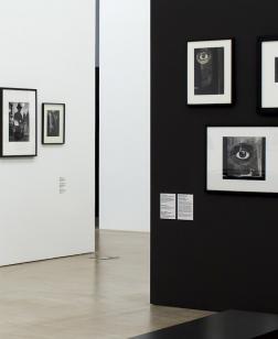 Salle d'exposition avec cimaise, murs, œuvres et banc entièrement en noir et blanc.