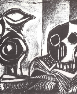 Dessin en noir et blanc représentant une carafe, un crâne et un livre.