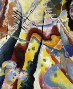 Vassily Kandinsky, "Bild mit rotem Fleck (Tableau à la tache rouge)", 25 février 1914,  Huile sur toile, 130 x 130 cm. Donation de Mme Nina Kandinsky en 1976. Collection Centre Pompidou. Centre Pompidou. ©MNAM-CCI/Adam Rzepka/Dist. GrandPalaisRmn