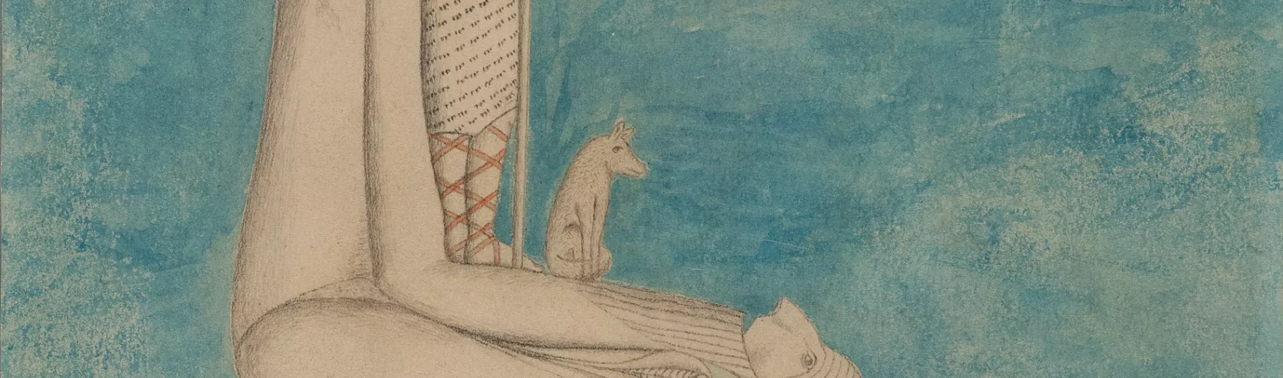 Natterer, dessin représentant des formes humaines et des animaux sur un fond bleu.