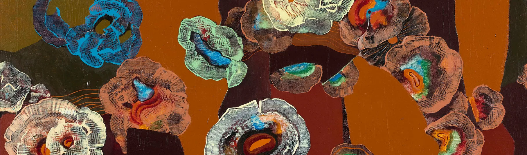 Ernst, œuvre de couleurs chaudes, entremêlant différentes formes.