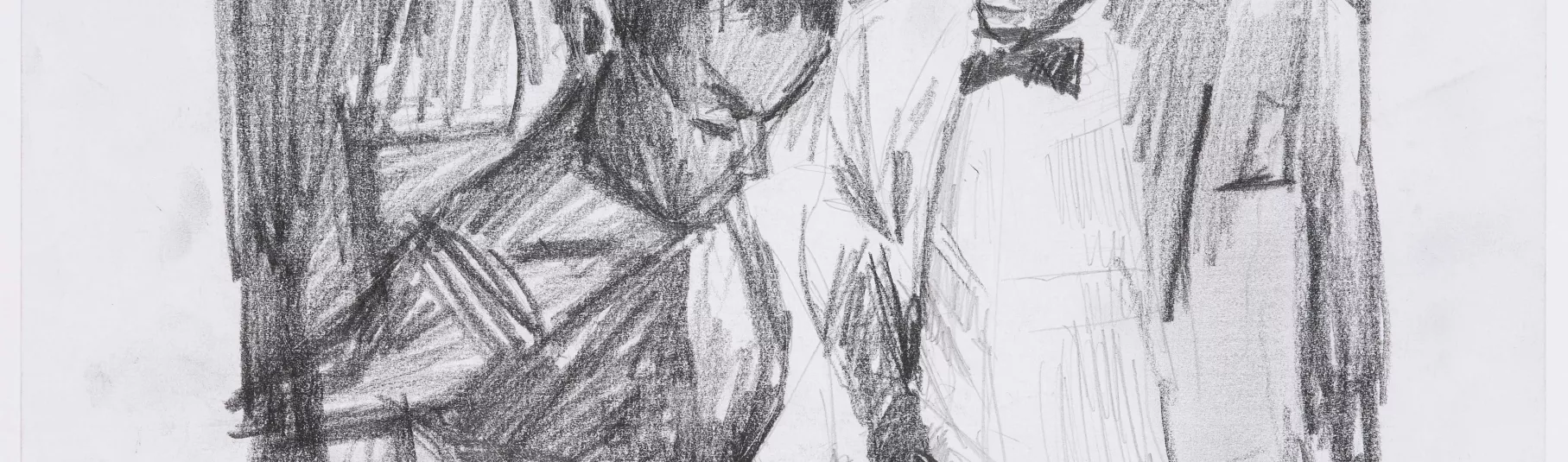 Dessin de Bourouissa accroché sur un mur d'exposition.