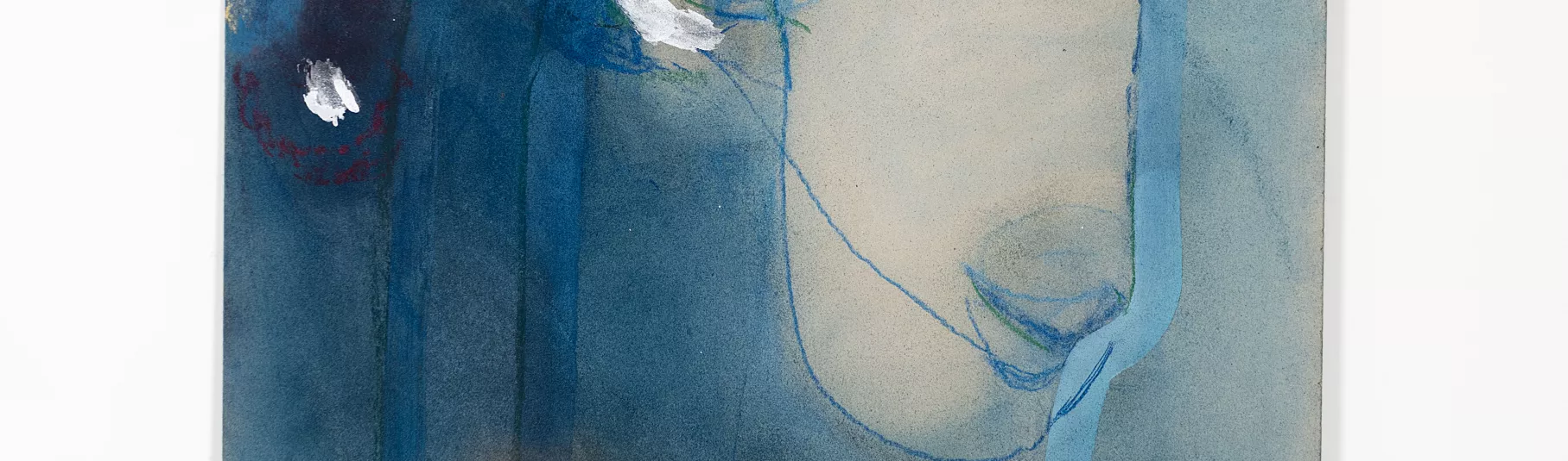 Œuvre pictural de Marisa Merz représentant des visages entouré de bleu.