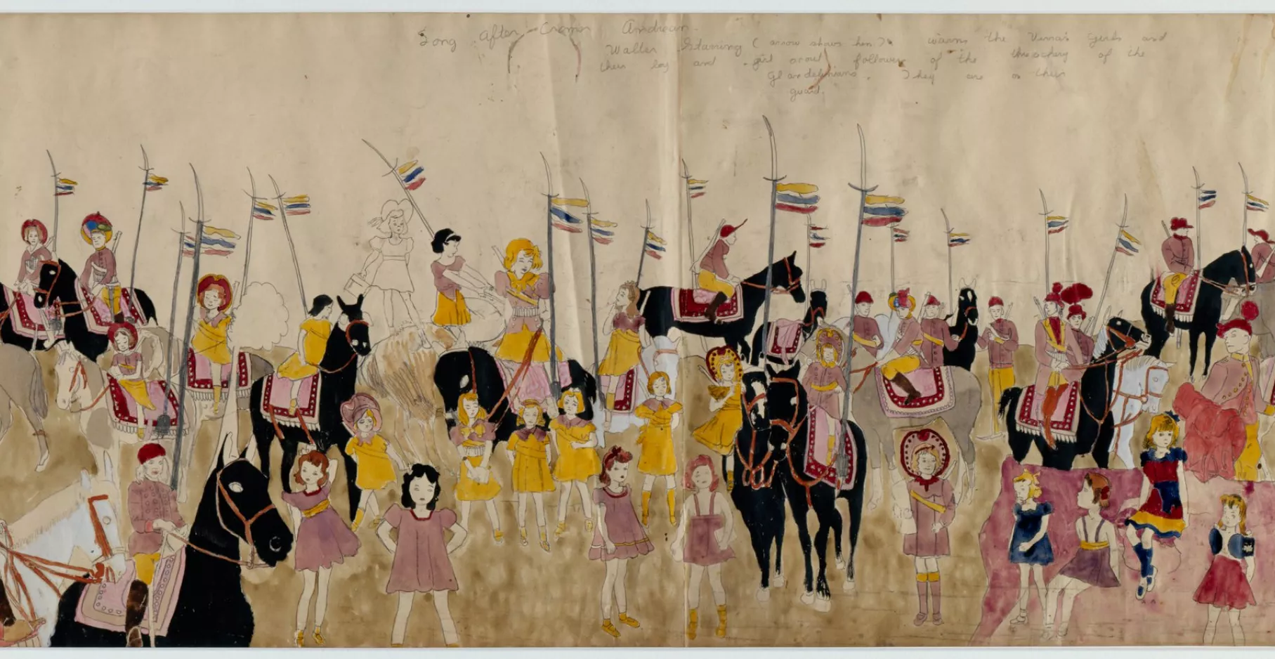 Dessin de cavaliers, d'enfants et de personnes avec des fusils.