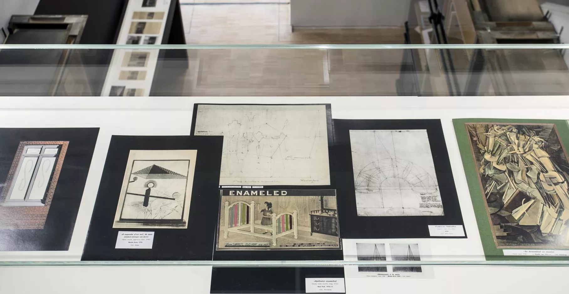 Photographie de vitrines présentant divers papiers et illustrations.