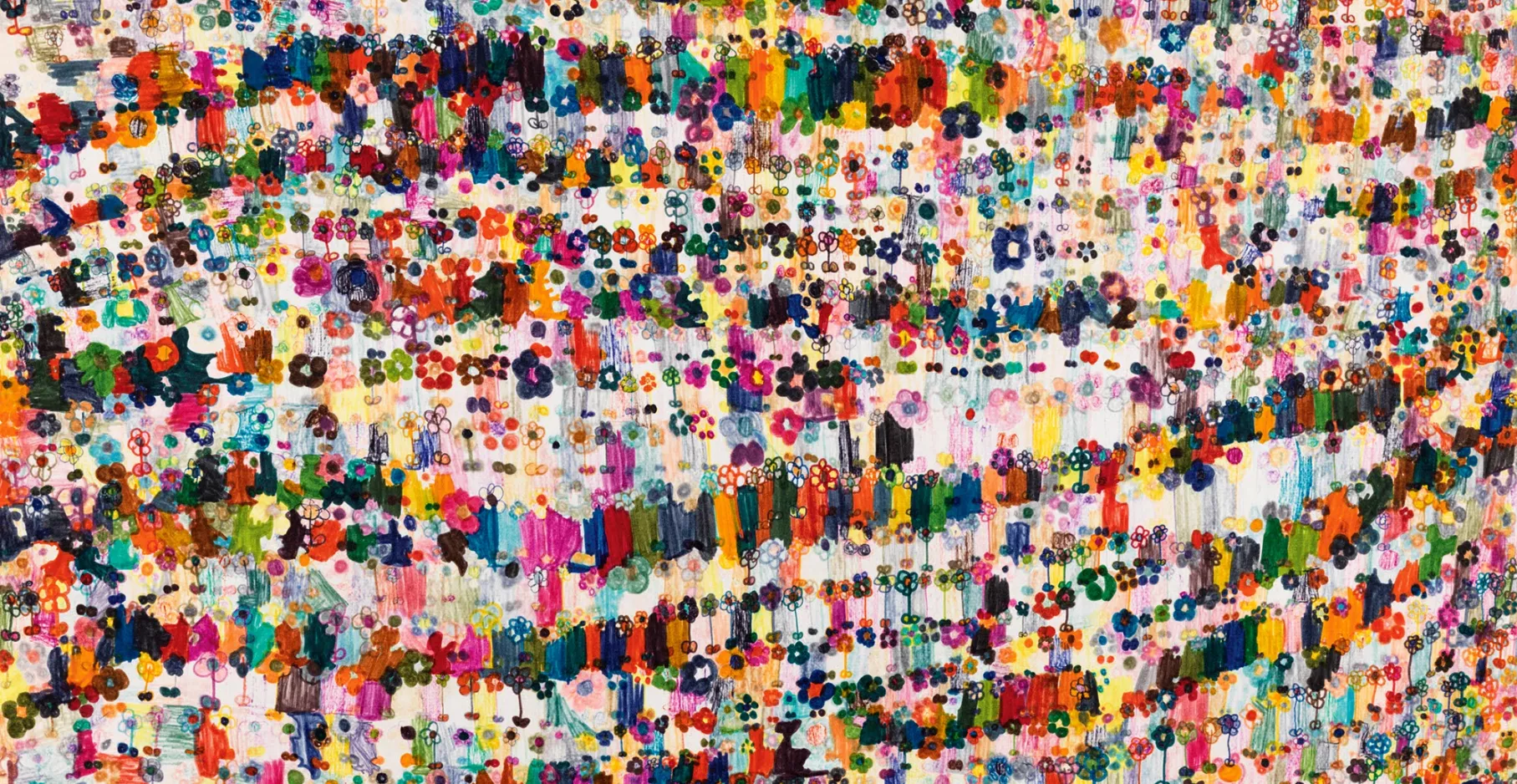 Dessin coloré représentant une accumulation de fleurs.