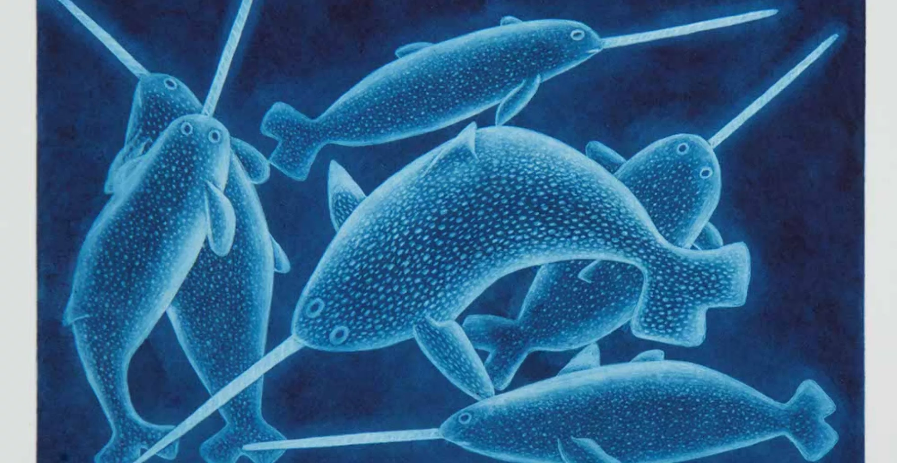 Œuvre bleu représentant des animaux marins.
