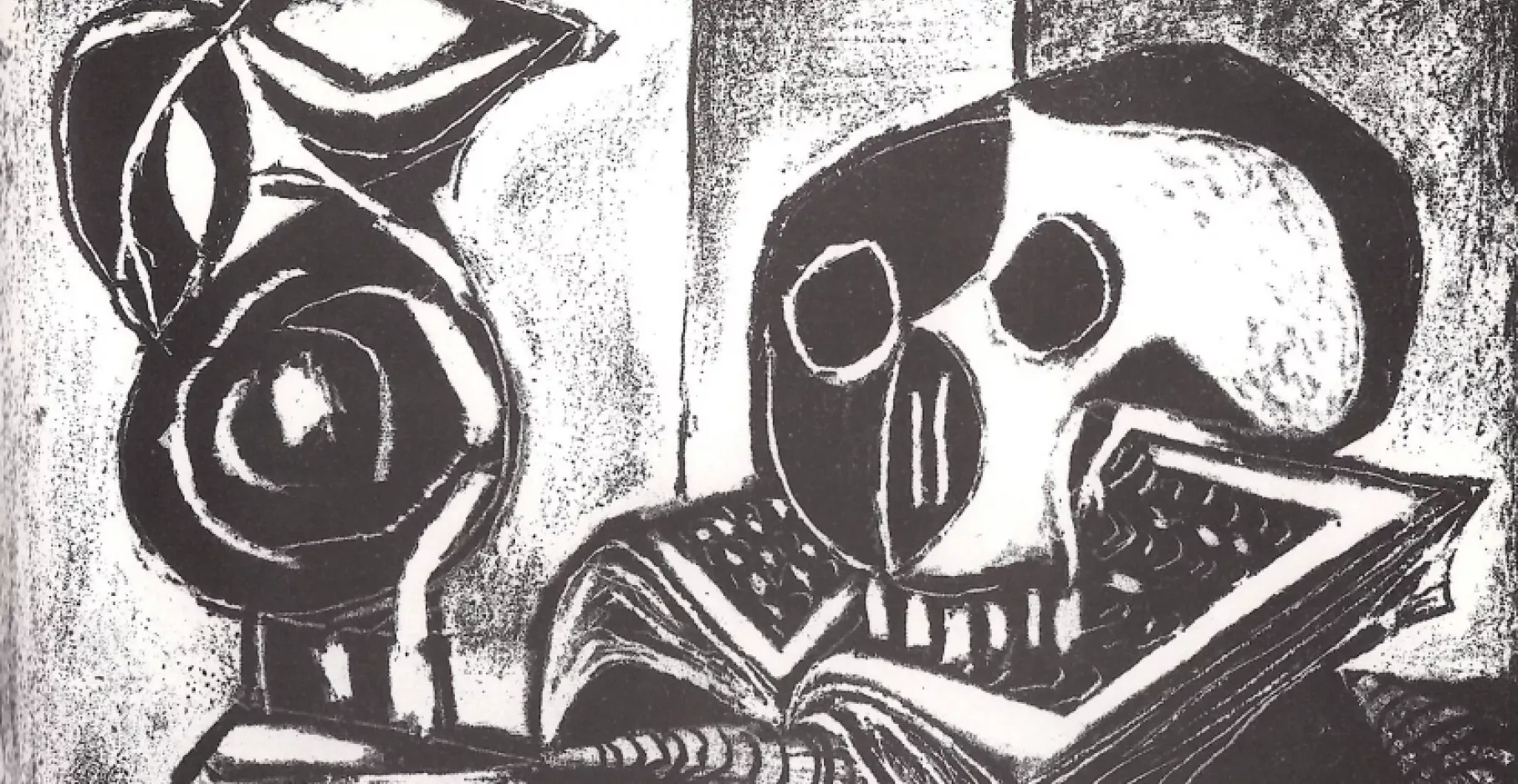 Dessin en noir et blanc représentant une carafe, un crâne et un livre.
