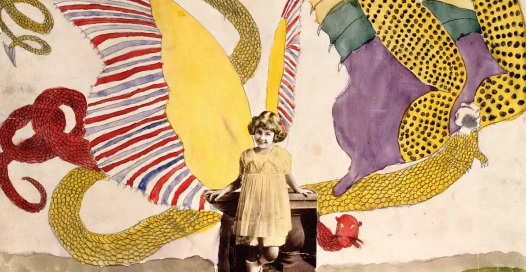 Dessin coloré représentant une petite fille avec des ailes de papillons.