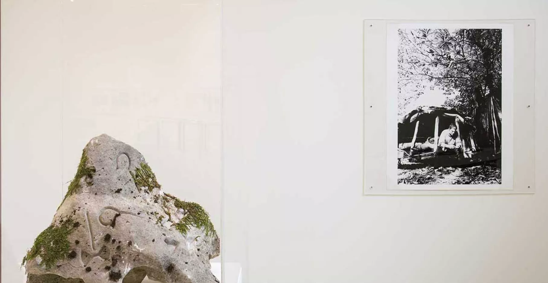 Vue de l'exposition "Les refuges du Récit". Sur la gauche, une pierre avec de la mousse dans une vitrine. Sur la droite, une photographie en noir et blanc au mur.