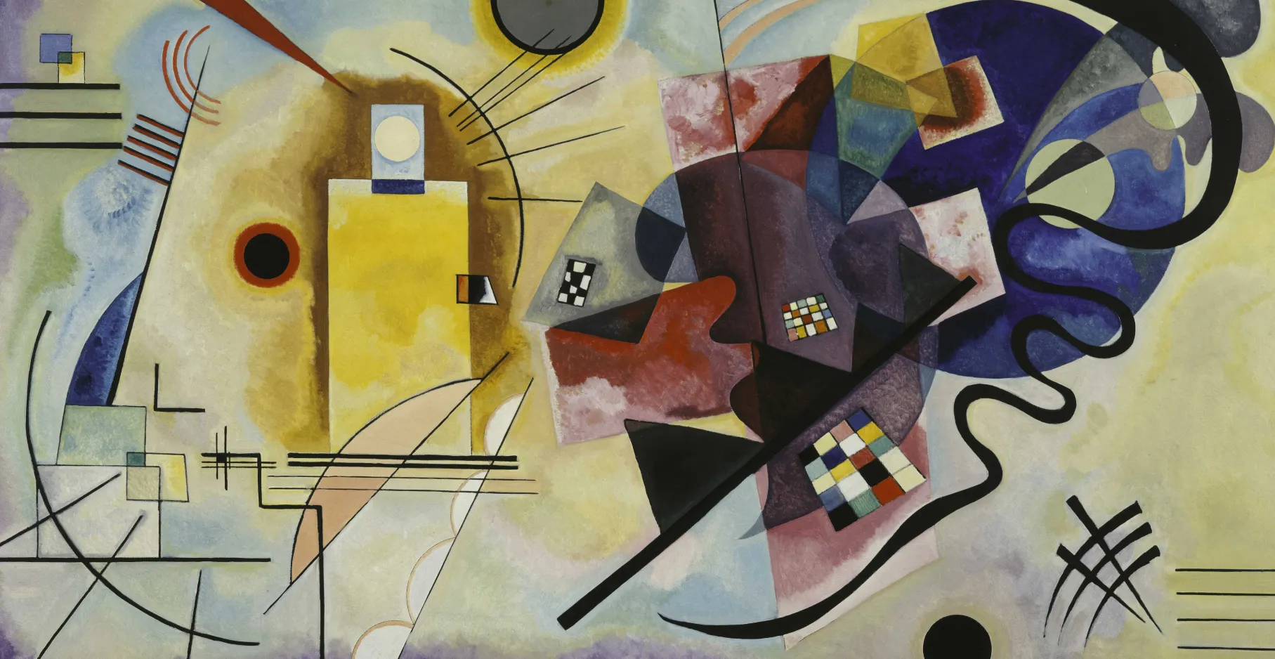 Vassily Kandinsky, Gelb-Rot-Blau, (Jaune-rouge-bleu), Huile sur toile, 128 x 201,5 cm, 1925. Donation de Mme Nina Kandinsky en 1976. Collection Centre Pompidou, Paris Musée national d’art moderne - Centre de création industrielle. Crédit photo : Centre Pompidou, MNAM-CCI/Adam Rzepka/Dist. GrandPalaisRmn.