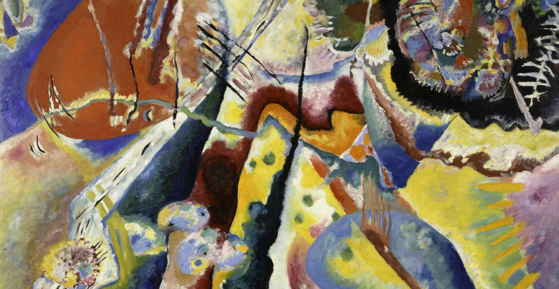 Vassily Kandinsky, "Bild mit rotem Fleck (Tableau à la tache rouge)", 25 février 1914,  Huile sur toile, 130 x 130 cm. Donation de Mme Nina Kandinsky en 1976. Collection Centre Pompidou. Centre Pompidou. ©MNAM-CCI/Adam Rzepka/Dist. GrandPalaisRmn