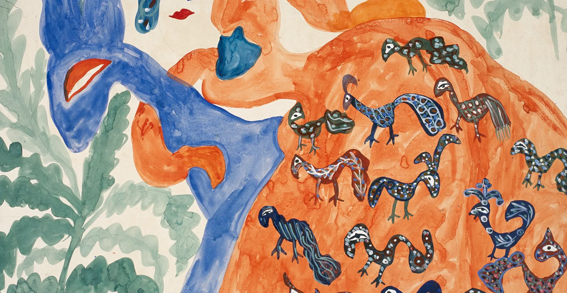 Baya, Femme en robe orange et cheval bleu