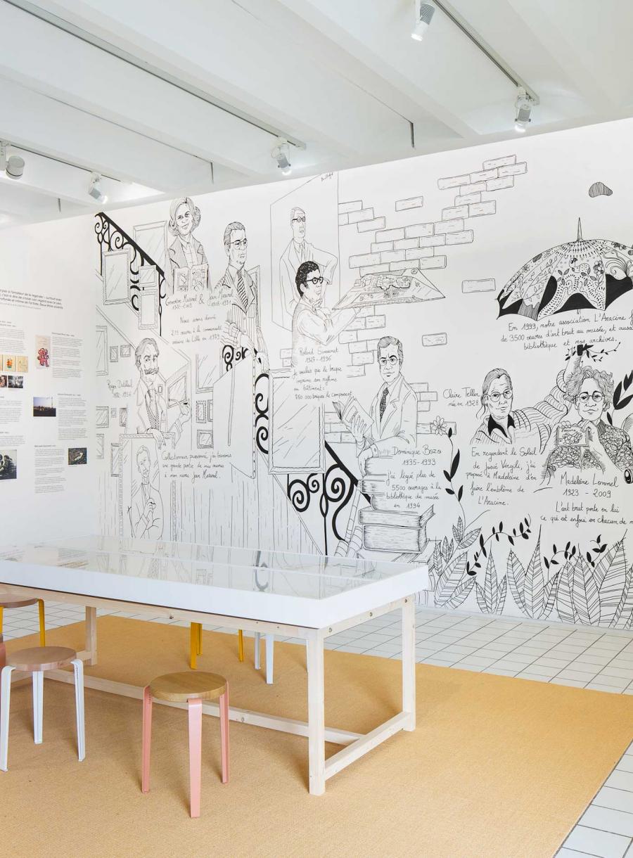Frise et dessins noir sur fond blanc représentant l'histoire du LaM, dans la salle qui lui est consacrée.