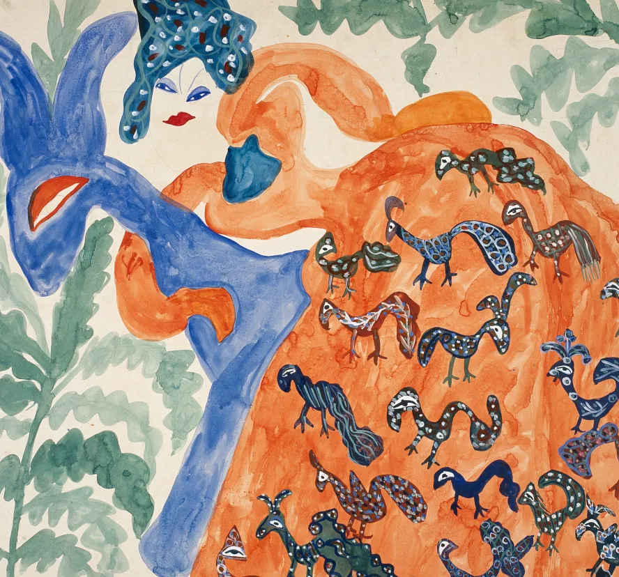 Baya, Femme en robe orange et cheval bleu